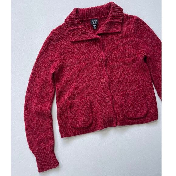 Eileen Fisher Red Wool Knit Cardigan Sweater Sz PS Collared Petite Minimal - Picture 3 of 8